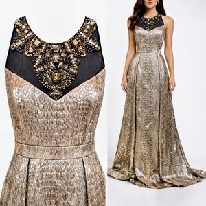 Badgley Mischka Gold Metallic Beaded Evening Gown Prom Dress 6 MSRP $1850 NWT